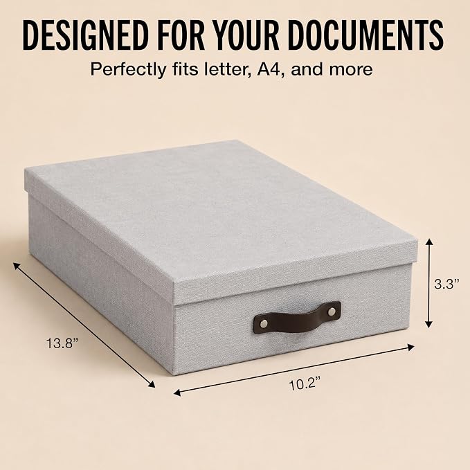 Bigso Oskar Canvas Fiberboard Document Letter Box - File Organizer Box for Important Paperwork - Document Storage with a Lid & Leather Handle - 3.3 in x 10.2 in x 13.8 in - 3 Pack - Ash - Image 4