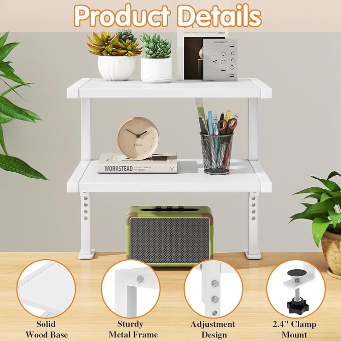 IBUYKE Clamp on Desk Organizer Shelf,Desk Extender Shelves TMZ007W | 12.9 inches,2-Tier Adjustable Storage Shelves, Above or Below Desk, for Desktop Accessories,White - Image 7