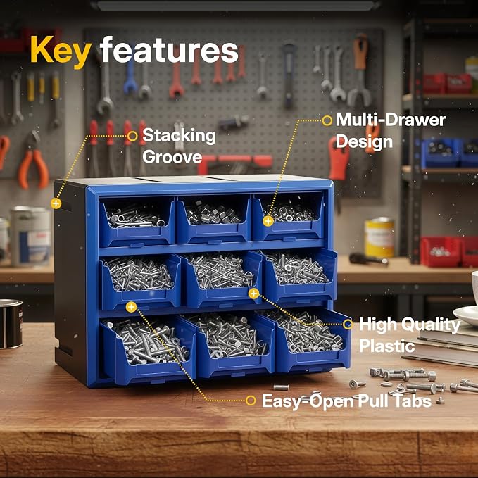 Northsky 9-Drawer Plastic Storage Drawers, Small Parts Organizer, Stackable Teacher Toolbox for Hardware, Screws, Nuts & Bolts, Stickers, Beads, Building Bricks, Garage Storage，14.17 × 7.09 × 9.45 - Image 4