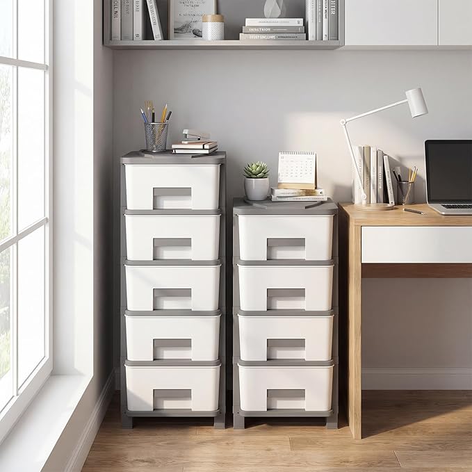 Giantex 2 Pack 4-Drawer Storage Organizer, Plastic Storage Tower with Drawers, Multi-Purpose Container Box for Office, Bathroom Living Room, White+Grey - Image 2