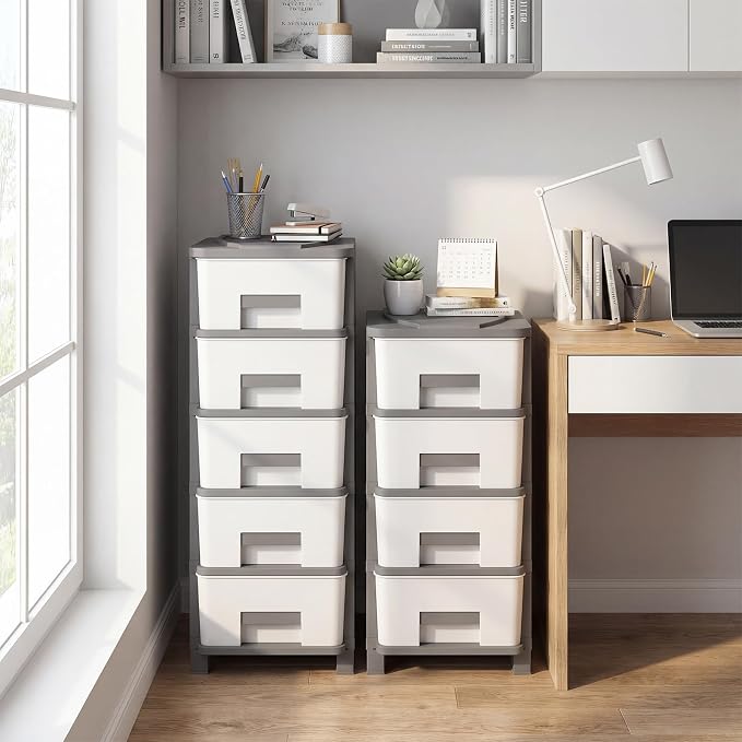 Giantex 2 Pack 5-Drawer Storage Organizer, Plastic Storage Tower with Drawers, Multi-Purpose Container Box for Office, Bathroom Living Room, White+Grey - Image 2