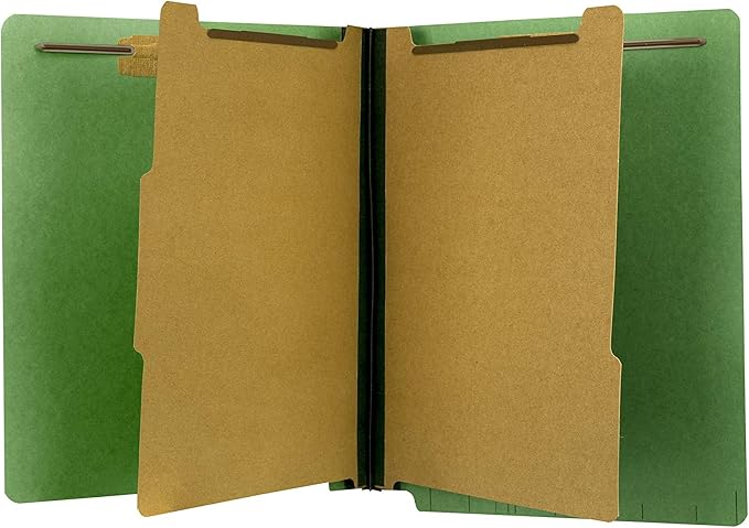 The File King Green Pressboard Classification Partition File Folder - Letter Size | Box of 10 | End Tab with Two Dividers | 2” Expansion | Durable 2-Inch Fastener Prongs by TheFileKing
