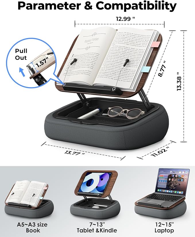 Viozon Lap Book Pillow Stand with Storage, Adjustable Beanbag Reading Pillow with Dark Wood Panel, Multi-Angle Book Holder for Hands-Free Reading in Bed or Sofa,Book Lover Essential,Soft Cushion - Image 3