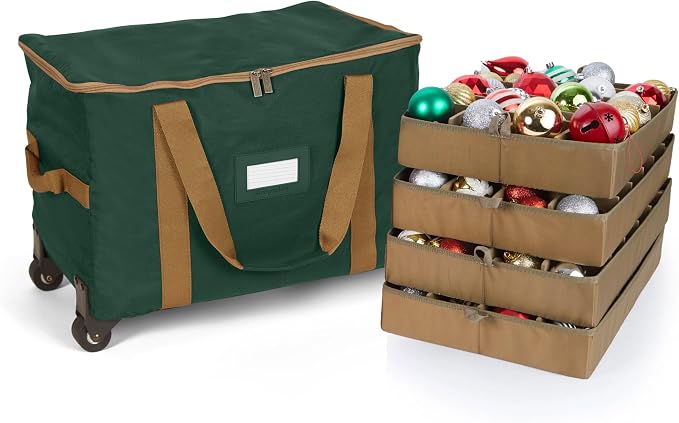 Covermates Keepsakes Rolling Adjustable Ornament Storage Bag – Heavy-Duty Polyester, FlexGrid Trays & Padded Dividers – Protective Holiday Organizer with Wheels, Handles & ID Window, Green by Covermates