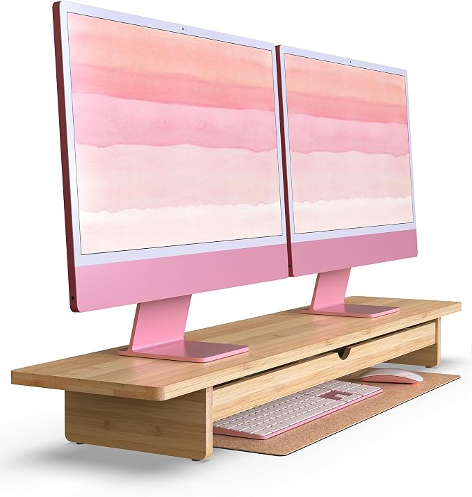 42" Dual Monitor Stand Riser with Large Drawer Keyboard Storage | Double Computer Monitor Riser Shelf for 55-72 Inch Desk Aesthetic Workplace Setup Desktop Organizer Bamboo by WELLWENG