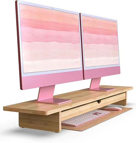42" Dual Monitor Stand Riser with Large Drawer Keyboard Storage | Double Computer Monitor Riser Shelf for 55-72 Inch Desk Aesthetic Workplace Setup Desktop Organizer Bamboo by WELLWENG