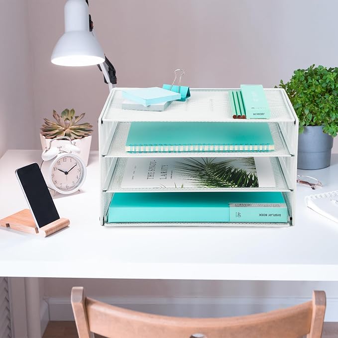 3 Tier Mesh Desk Organizer Tray, Desktop Mail File Paper Letter Folder Holder Sorter Organization Rack Storage Accessories for Office Home School Classroom, White - Image 4