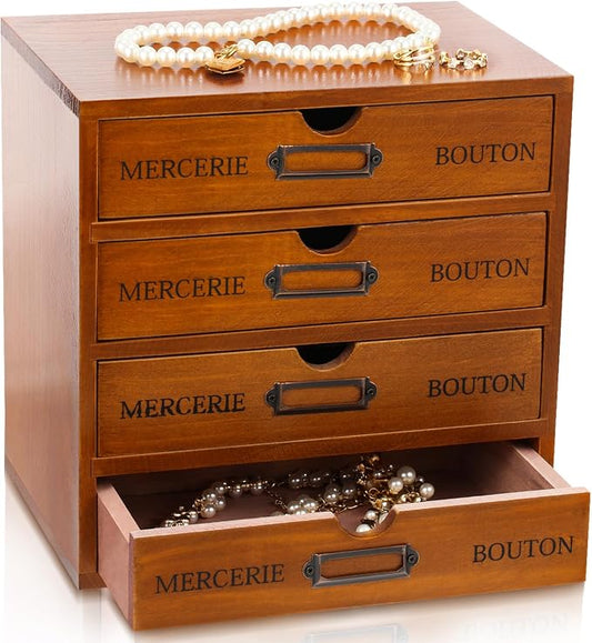 Wesiti Wooden Desk Organizer with 4 Drawers, Vintage Rustic Storage Cabinet for Home Office, Craft Room, Jewelry, Sewing Supplies - Apothecary Wood Desktop Drawer Box, Pre-assembled, Brown by Unteilti