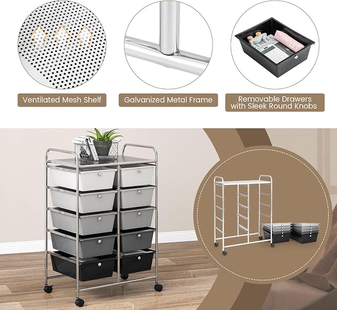 COSTWAY 10 Drawer Rolling Storage Cart, Utility Cart with Lockable Wheels | Mobile Art Supply Craft Organizer with Metal Frame, Multipurpose Drawer Cart for Paper for Office, School, Mixed Black - Image 6