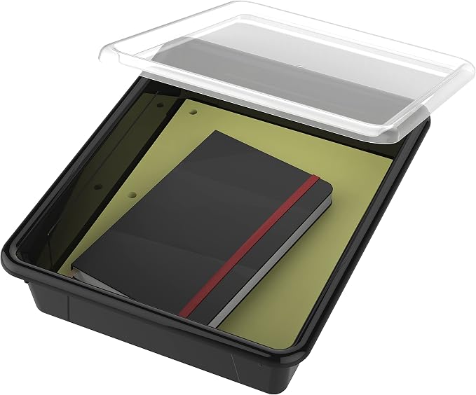 Storex Letter Size Flat Storage Tray – Organizer Bin with Non-Snap Lid for Classroom, Office and Home, Black, 5-Pack (62535U05C) - Image 7