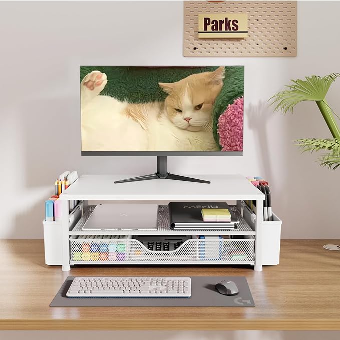 Desk Organizers and Accessories, Computer Monitor Stand Riser with Drawer and 2 Pen Holders, Printer & Laptop Stand, Office Desk Accessories & Workspace Organizers for Home Office Supplies, White Wood - Image 4