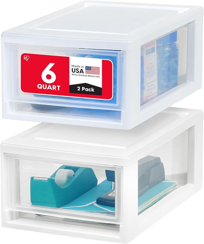 IRIS USA 2-Pack, 6 Qt. Small Stacking Drawer Storage Organizer, White | Keep craft supplies, accessories, office items, and small essentials organized around your home for easy everyday storage by IRISUSA