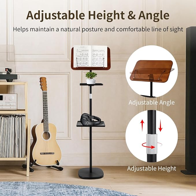 Floor Book Stand with 2 Removable Trays, Adjustable Height Wood Reading Stand for Bed or Sofa, Music Stand Book Holder for Music Sheet, Tilt and Rotate Laptop Holder, Portable Podium Stand - Image 3