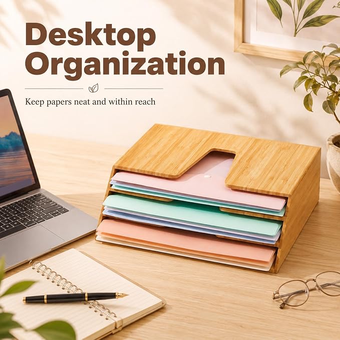 Suzile Bamboo Wall Mounted File Folder Holder Organizer, 3-tier Vertical File Organizer Wooden Sorter Rack for Office, Home, Desktop, Desk Letter Mail Document Storage, 13" x 4.5" x 11.5" - Image 5