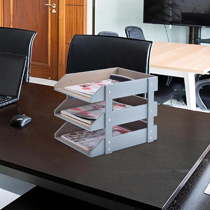 Leather Desk Organize Holder,3-Layer Stackable Letter Tray,Used to Store documents,Folders,Stationery,Magazines,Paper,and Other Home Office Supplies,Desk File Rack (Grey) - Image 2