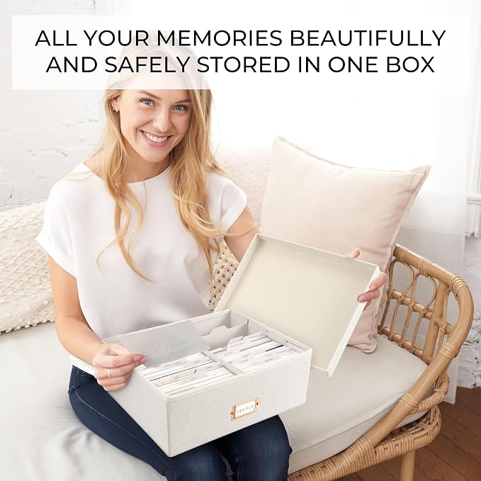 ZICOTO Decorative Photo Storage Box - Sturdy Linen Photo Organizer with Dividers is Perfect to Store up to 1700 Pictures and 4x6 Photos - Portable Scrapbook Storage Containers with Lid - Image 3