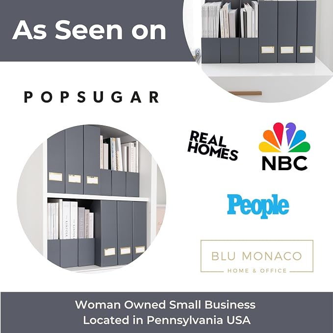 BLU MONACO | Set of 6 Foldable Grey Magazine File Holders with Gold Label Holders | Vertical File Organizer Boxes for Desk, Bookshelf & Home Office Storage - Image 9