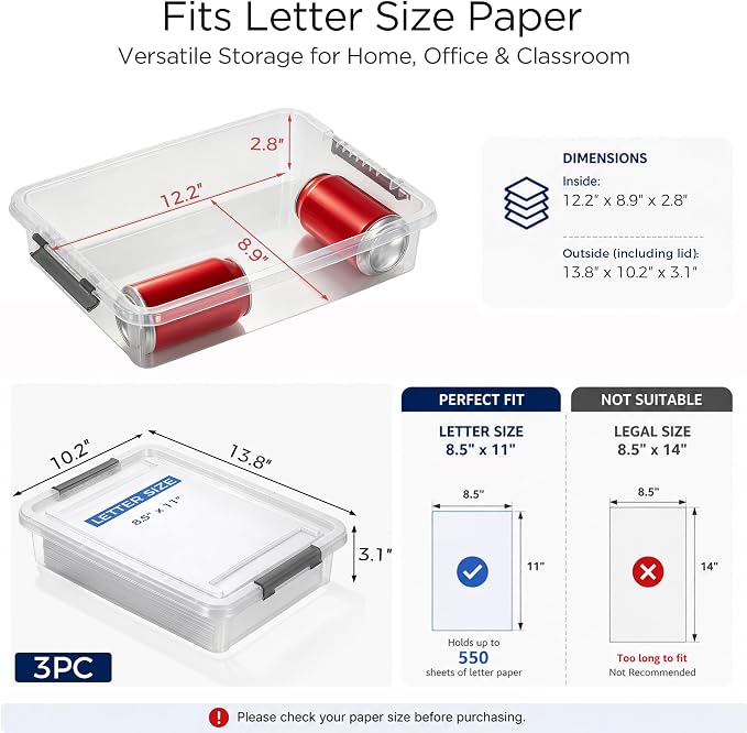 Citylife 3 PCS Plastic Storage Bins with Latching Lids Portable Project Case Clear File Box Stackable Storage Containers for Organizing A4 Paper, Photo, Document, Scrapbook - Image 2