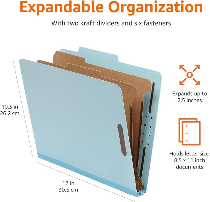 Amazon Basics Classification Folder with Prongs, 100% Recycled, 2 Dividers, 2" Embedded Fasteners, Letter Size, for Documents Organization, Light Blue, 10 Count - Image 6