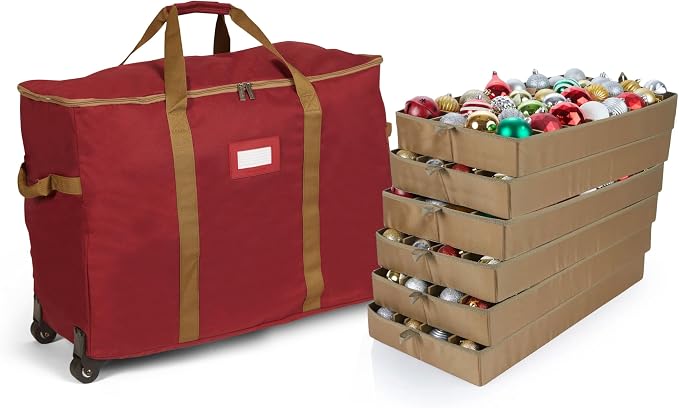 Covermates Keepsakes Rolling Adjustable Ornament Storage Bag – Heavy-Duty Polyester, FlexGrid Trays & Padded Dividers – Protective Holiday Organizer with Wheels, Handles & ID Window, Red by Covermates