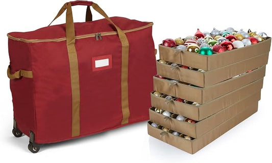 Covermates Keepsakes Rolling Adjustable Ornament Storage Bag – Heavy-Duty Polyester, FlexGrid Trays & Padded Dividers – Protective Holiday Organizer with Wheels, Handles & ID Window, Red by Covermates