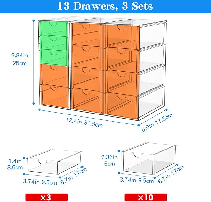 ARSTPEOE Acrylic 13-Drawer Storage & Makeup Organizer for Desk, Bath | Smooth-glide drawers, clear acrylic, stackable, dustproof, wipe-clean, for eyeliners, lip liners, markers, push pins,pen - Image 3
