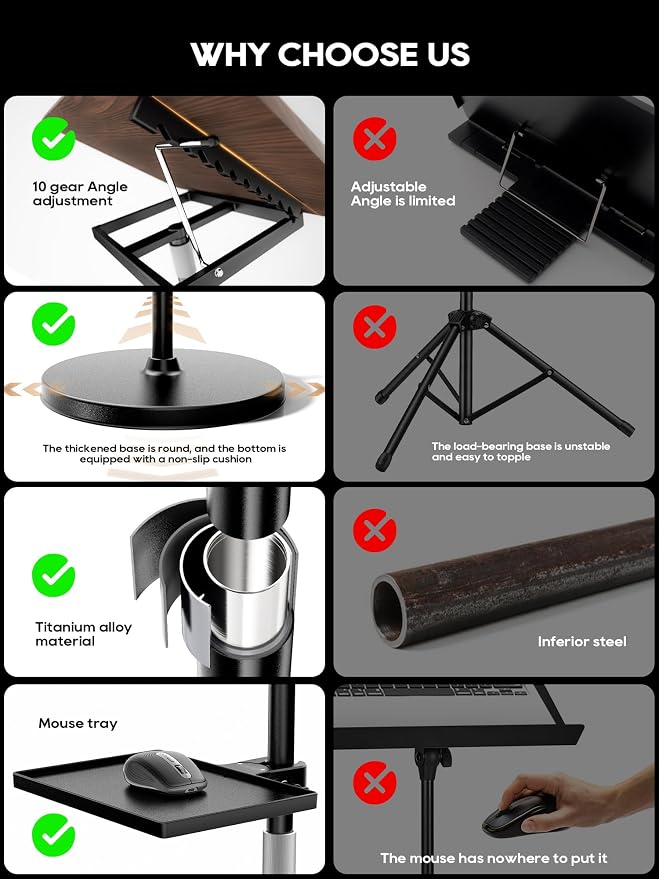 2 in 1 Adjustable Book Stand - Dual-Use Floor and Desktop Book Holder Stand, Height Adjustable 23.5-52 in, Elastic Page Clips for Music Sheet, Recipe, Tablet, Laptop-Black - Image 6