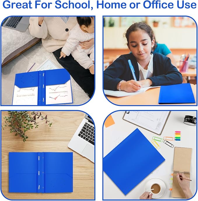 ViVin 12 Pack Plastic Folders with Pockets and Prongs, Heavy Duty 2 Pocket Folders with 3-Prong Fasteners, Poly File Holds 8-1/2" x 11" Paper for School Office Home (Blue) - Image 5
