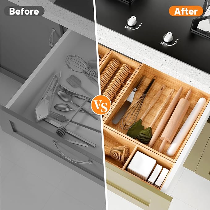 Bamboo Drawer Organizer, 5-Piece Stackable Trays with Removable Dividers | Junk drawer organizer, assorted tray sizes, 5-11 customizable compartments, nestable, kitchen utensils, bathroom, office - Image 5