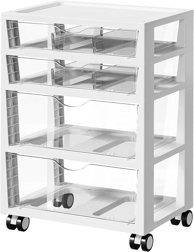 Vtopmart 4-Tier Plastic Drawer Storage Rolling Cart with Wheels | Clear Drawers, Multiple Size Storage, Visible Organization, Sturdy Design, Under Desk, Office, Makeup, Crafts & Art Storage by Vtopmart