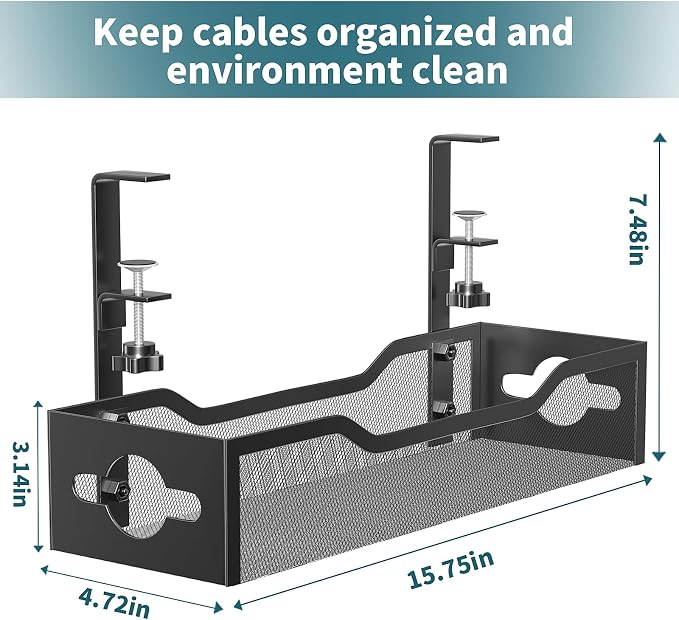 Under Desk Cable Management Tray Black, Litwaro Cable Management Under Desk No Drill, Cable Organizer with Clamp for Wire Management, Cord Organizer No Damage to Desk for Office, Home - Image 5