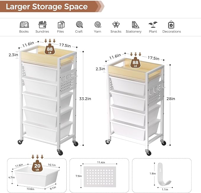 6 Tier Rolling Cart with Drawers, Plastic Drawer Storage Craft Cart with Pegboards & Hooks, Metal Utility Cart with Wheels & Wooden Tabletop, Classroom Office Art Supply Organizers and Storage, White - Image 3