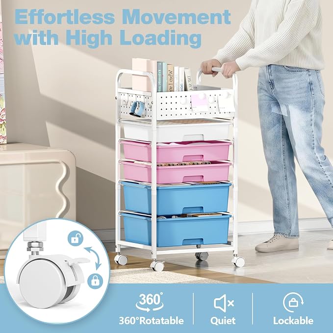 5 Drawer Rolling Storage Cart with Pegboard Top and Hooks, Pink&Blue | Mobile Organizer Cart with Wheels for Office Supplies, Craft Storage, Classroom Organization, Home Utility Cart - Image 5