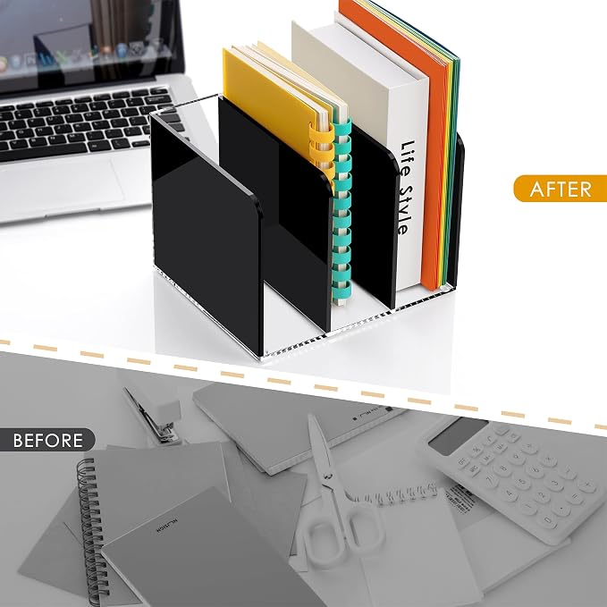 SANRUI Black Acrylic Magazine File Holder Desktap Organizer Folder Sorters | Clear Workspace Document Rack, Bookend File Office Accessories Organization Storage, 3 Vertical Compartments - Image 9