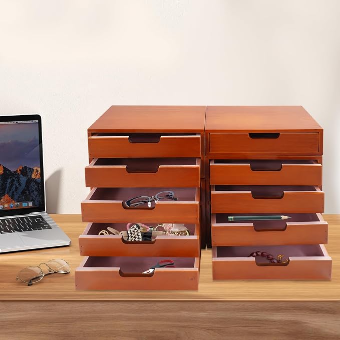 4-Pack 4 Drawer Desktop Storage Organizers, Desktop Wood Stackable Drawer Cabinet, Vintage Tabletop Card Catalog Cabinet for Home Office Study Rooms - Image 7