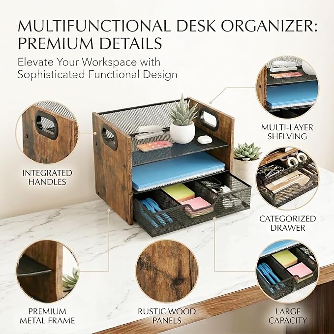 Wood Desk Organizer - 3-Tier Desktop File Organizer with Drawer, Wooden Paper Tray, Office Desk Organzier and Accessories for Papers, Mail, Notebooks, Stationery - Image 5