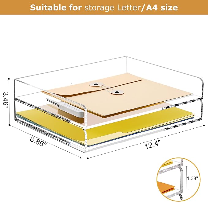 2-Tier Acrylic Stackable Letter Tray Paper Organizer Trays for Desk,Clear | Horizontal File Paper Sorter, Office Supplies Accessories Storage for Letter/A4 Size Folders Documents 12.4inx8.86inx3.46in - Image 2