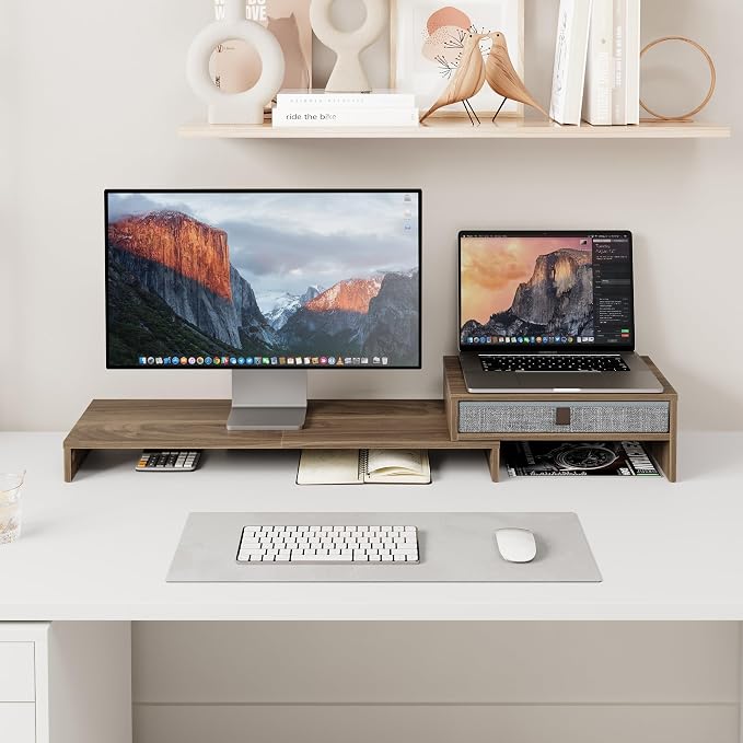 Fenge Triple Monitor Stand with Srorage Drawer, Adjustable Length and Angle | Computer Monitor Riser for 2 or 3 Monitors, Wooden Desktop Laptop Stand, Office Organizer for PC, Screen, Tablet, Brown - Image 7