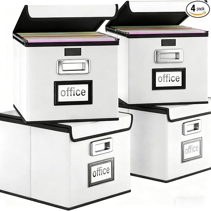 File Organizer Box with Lids, Collapsible File Folder Organizer | File Box with Plastic Slides for Document, Filing Bin for Letter Size Hanging File Folders (4 Pack, Silver, Leather) by Huolewa