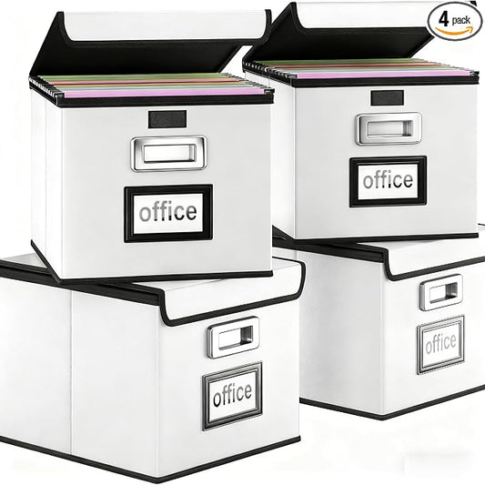 File Organizer Box with Lids, Collapsible File Folder Organizer | File Box with Plastic Slides for Document, Filing Bin for Letter Size Hanging File Folders (4 Pack, Silver, Leather) by Huolewa