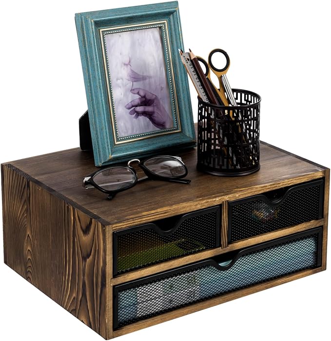 MyGift Rustic Burnt Brown Solid Wood Desktop Organizer Box with 3 Removable Black Metal Mesh Trays, Office Desk Supplies Storage Drawers for Accessories by MyGiftHome