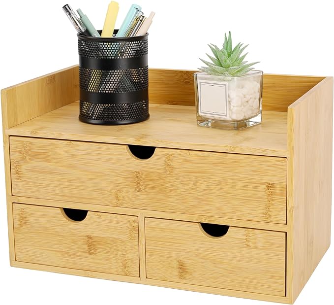 Charmewooden Bamboo Desk Organizer With Drawers Countertop Drawers Counter Storage Box Corner Desk Organizer for Home Office No Assembly Required (3 Drawers with shelf) by Charmewooden