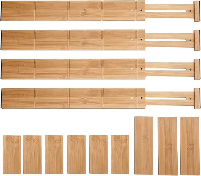 Adjustable 17-22in Bamboo Dividers Organizers with 9 Inserts, Expandable Spring Loaded Drawer Dividers for Kitchen, Dresser, Bedroom, Bathroom, Office, and Garage (4 Pack) - Image 3