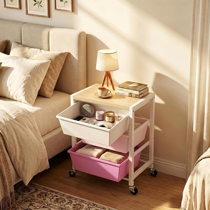Rolling Cart with 3 Drawers, Plastic Drawer Storage Carts with Lockable Wheels & Wooden Tabletop, Metal Art Craft Utility Cart Organizer for Home Office Bedroom Dorm Bedside Classroom, Bright Pink - Image 2