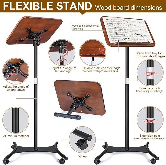 2 in 1 Dual-use Music Stand & Desktop Book Stand, Adjustable Height 16.5"-51", 100% Solid Wood Laptop Floor Stand Book Holder with Elastic Page Clips for Cookbooks (Black Walnut-Wheeled) - Image 5