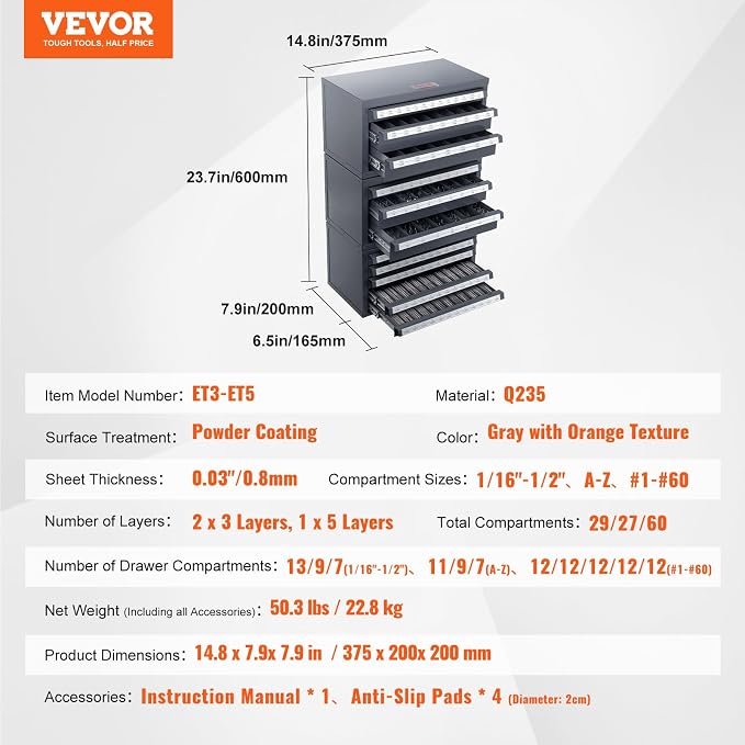 VEVOR Drill Bit Dispenser Cabinet Set, Three-Drawer for 1/16" to 1/2" & Letter Sizes A to Z, Five-Drawer Drill Bit Organizer for Wire Gauge Sizes #1 to #60, 3 Pieces - Image 8