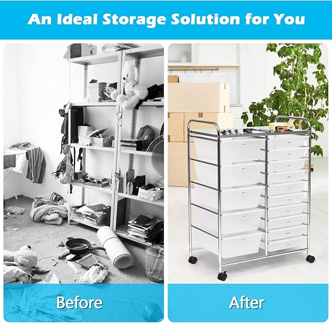 GOFLAME 15-Drawer Rolling Storage Cart, Craft Storage Cart with Removable Drawers & Lockable Wheels, Art Cart Supply Storage Organizer for Home Office Classroom, Clear - Image 7