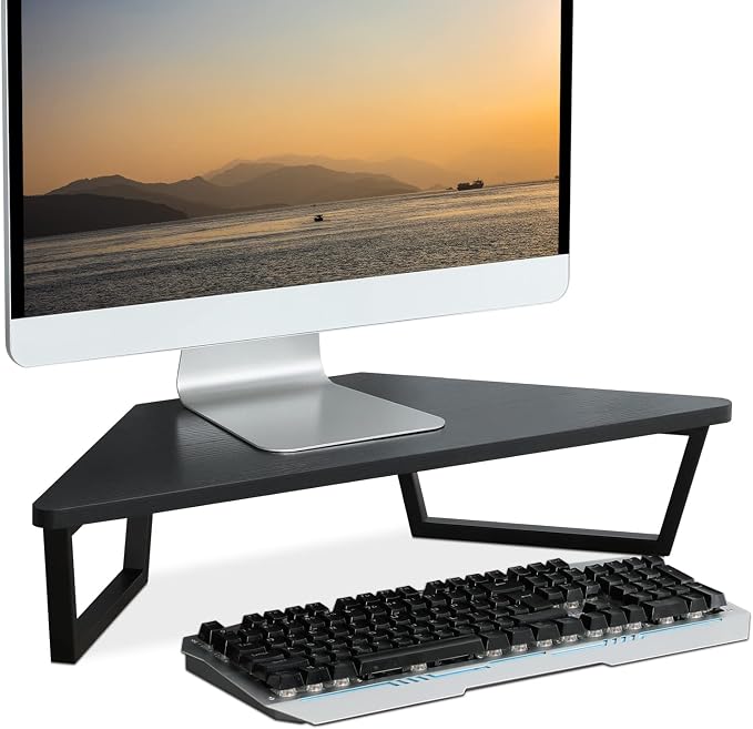 TEAMIX 26 inch Corner Monitor Stand Riser with Keyboard Storage, Black | Triangle Monitor Stand, Wood & Metal Computer Stand, Laptop Riser, Desktop Organizer, for L Shaped Desk, Home Office & Gaming by TEAMIX