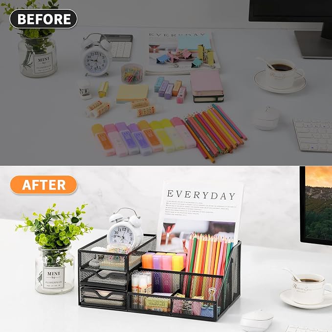 Lavatino Desk Organizer with File Holder+Larger Mesh Desk Organizer with Drawers - Image 9