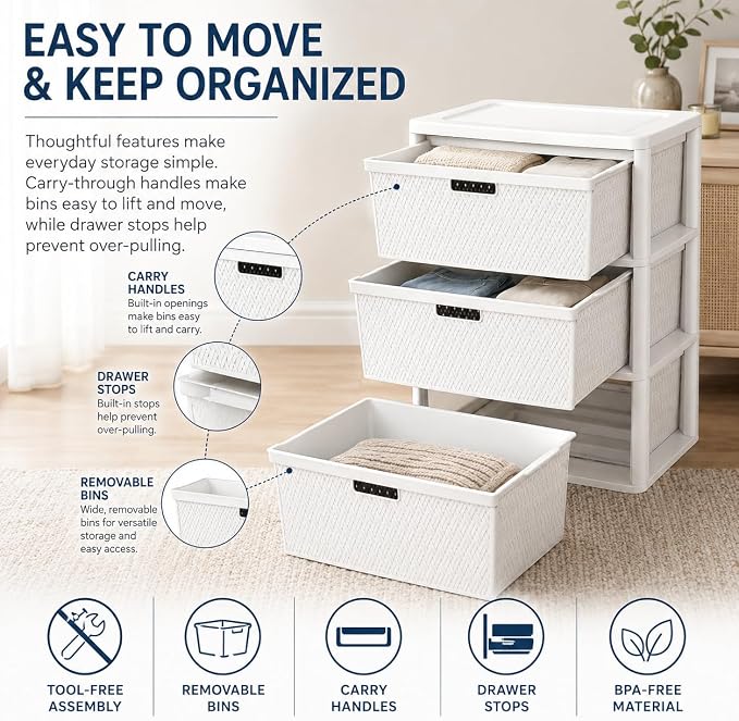 2Pack,3-Drawer Storage Tower, Wide Plastic Organizer with Removable Bins | Decorative Weave Design, Tool-Free Assembly, Removable Bins, Carry Handles, Drawer Stops, BPA-Free,White - Image 6